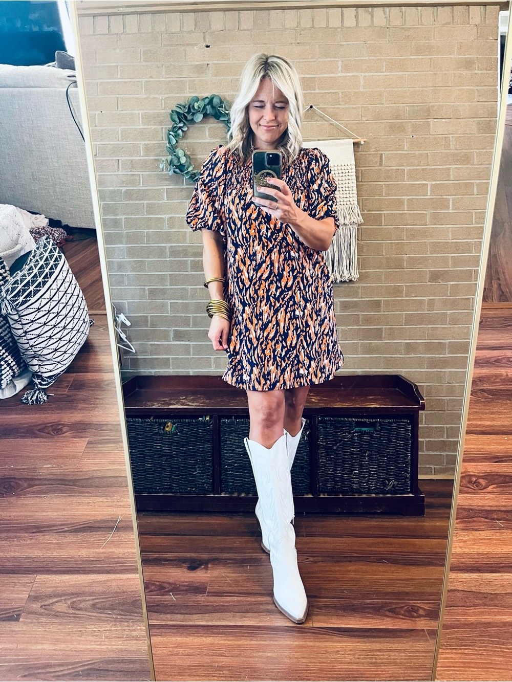 Navy and Orange Printed Smocked Mini Dress